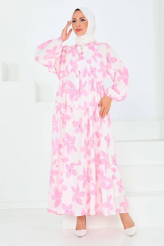Düğmeli Desenli Elbise Pembe - 27514 - 4