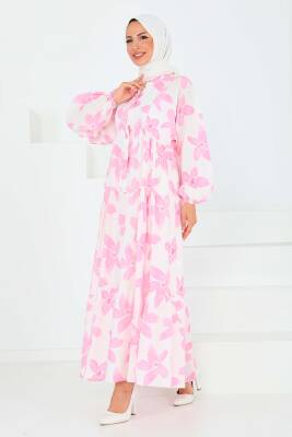 Düğmeli Desenli Elbise Pembe - 27514 - 5