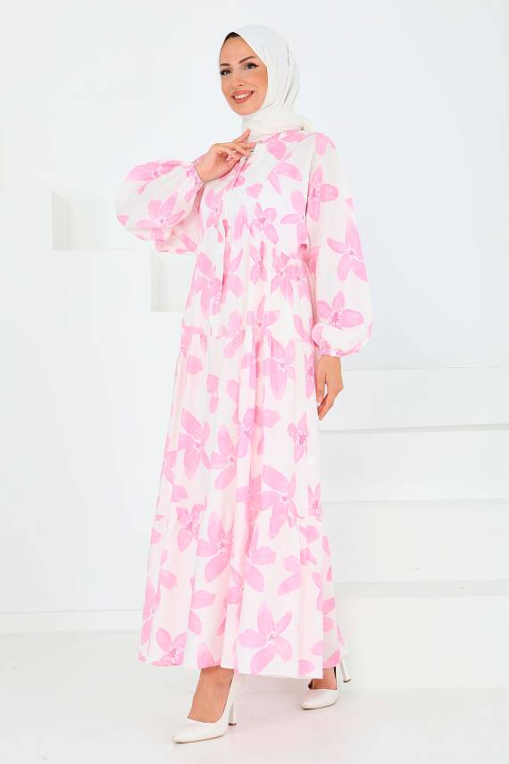 Düğmeli Desenli Elbise Pembe - 27514 - 5