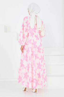 Düğmeli Desenli Elbise Pembe - 27514 - 6