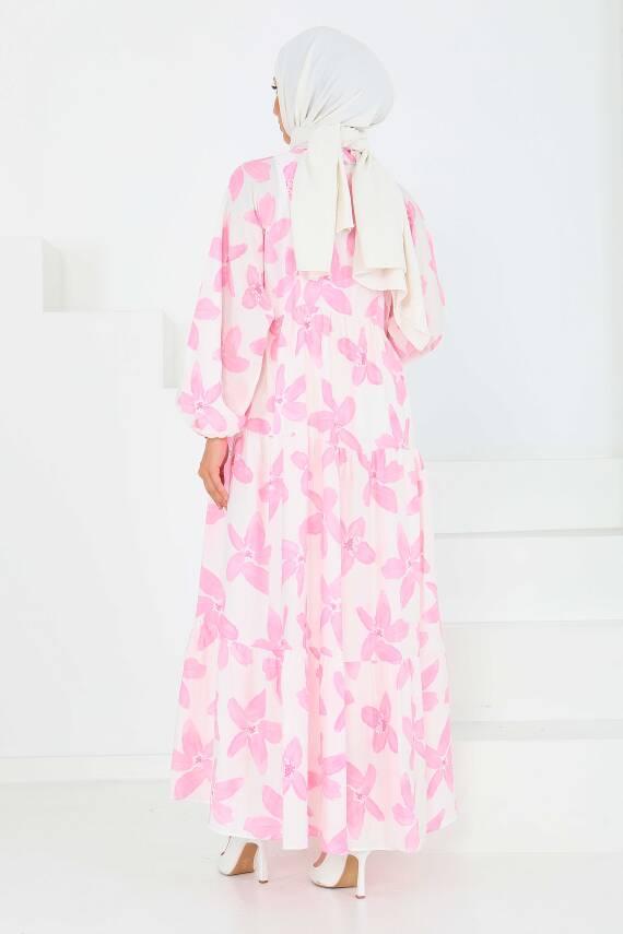 Düğmeli Desenli Elbise Pembe - 27514 - 6