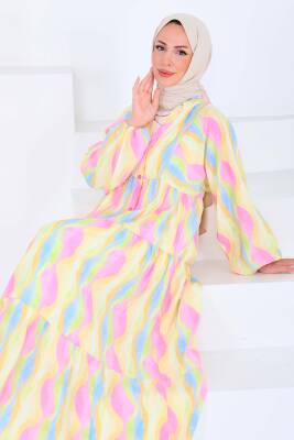 Düğmeli Desenli Elbise Pembe - 27515 - 1