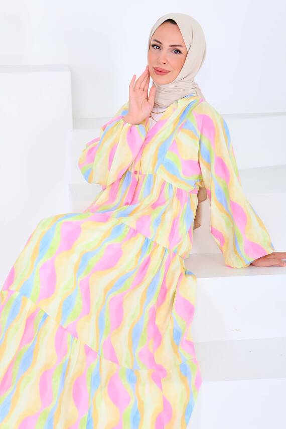 Düğmeli Desenli Elbise Pembe - 27515 - 1
