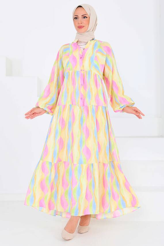 Düğmeli Desenli Elbise Pembe - 27515 - 2