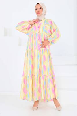 Düğmeli Desenli Elbise Pembe - 27515 - 3