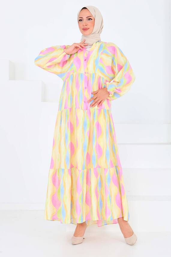 Düğmeli Desenli Elbise Pembe - 27515 - 3