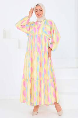 Düğmeli Desenli Elbise Pembe - 27515 - 4