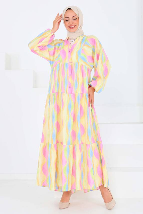 Düğmeli Desenli Elbise Pembe - 27515 - 4