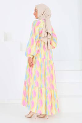 Düğmeli Desenli Elbise Pembe - 27515 - 5