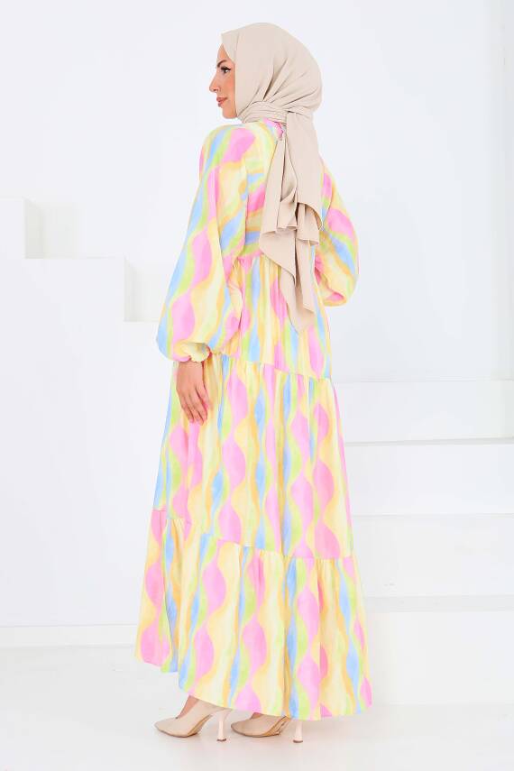 Düğmeli Desenli Elbise Pembe - 27515 - 5