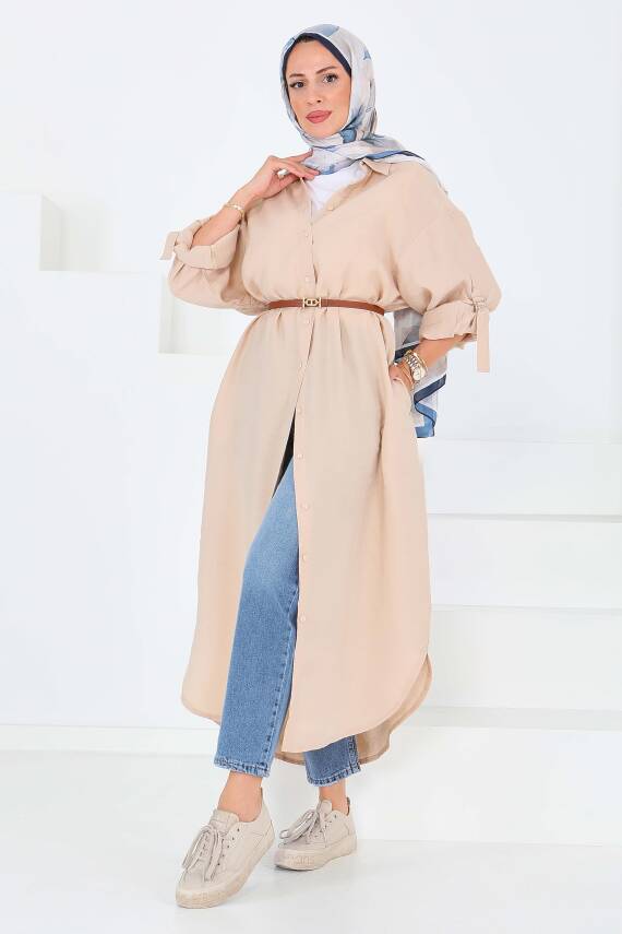 Düğmeli Elbise Bej - 27547 - 1