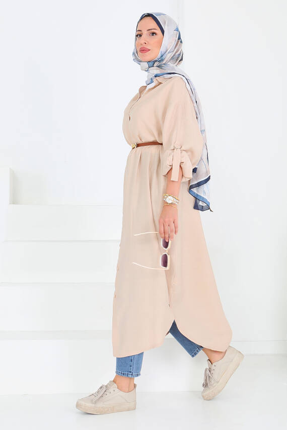 Düğmeli Elbise Bej - 27547 - 2
