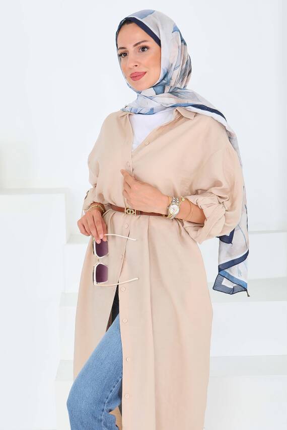 Düğmeli Elbise Bej - 27547 - 3