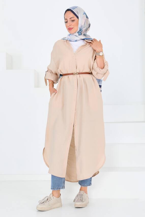 Düğmeli Elbise Bej - 27547 - 4