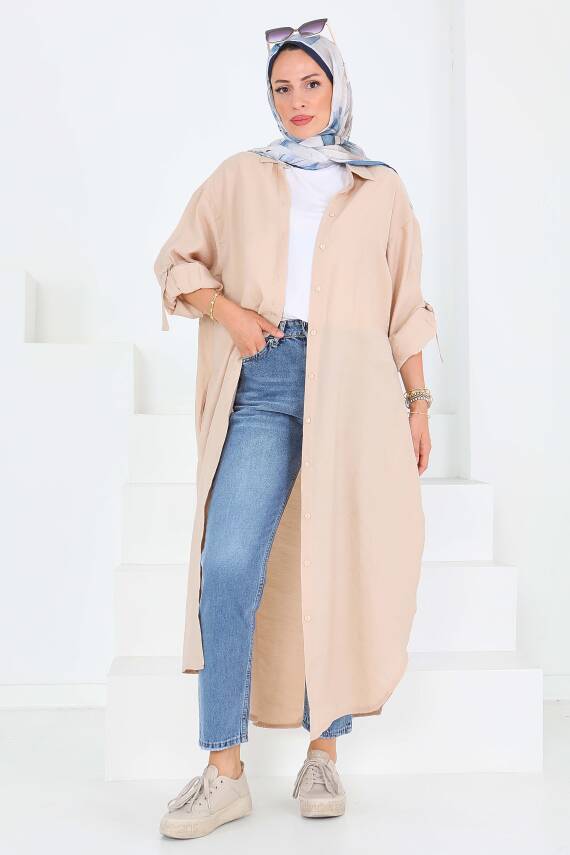 Düğmeli Elbise Bej - 27547 - 5