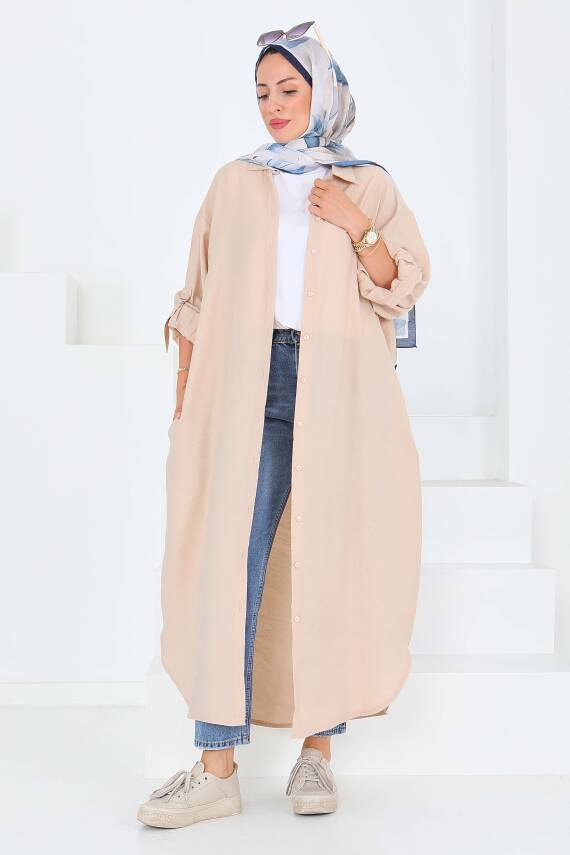 Düğmeli Elbise Bej - 27547 - 6