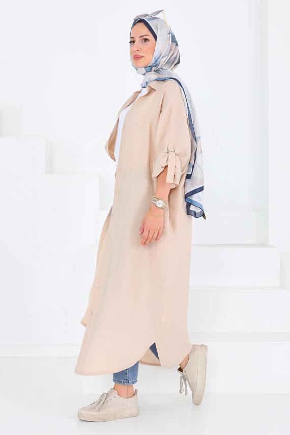Düğmeli Elbise Bej - 27547 - 7