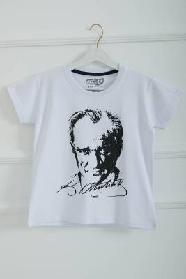 Erkek Çocuk Beyaz Bisiklet Yaka Atatürk Baskılı Kısa Kollu Unisex T-Shirt - 26847 