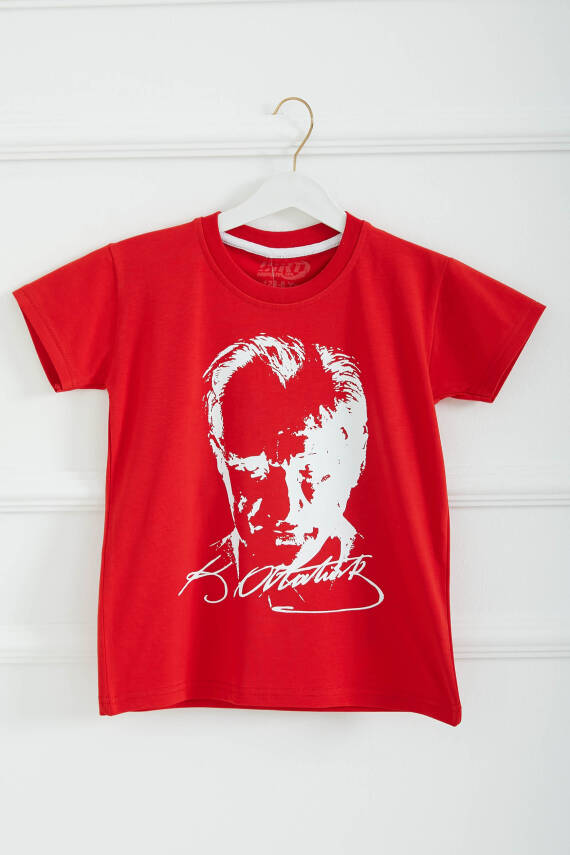 Erkek Çocuk Kirmizi Bisiklet Yaka Atatürk Baskılı Kısa Kollu Unisex T-Shirt - 26847 - 1