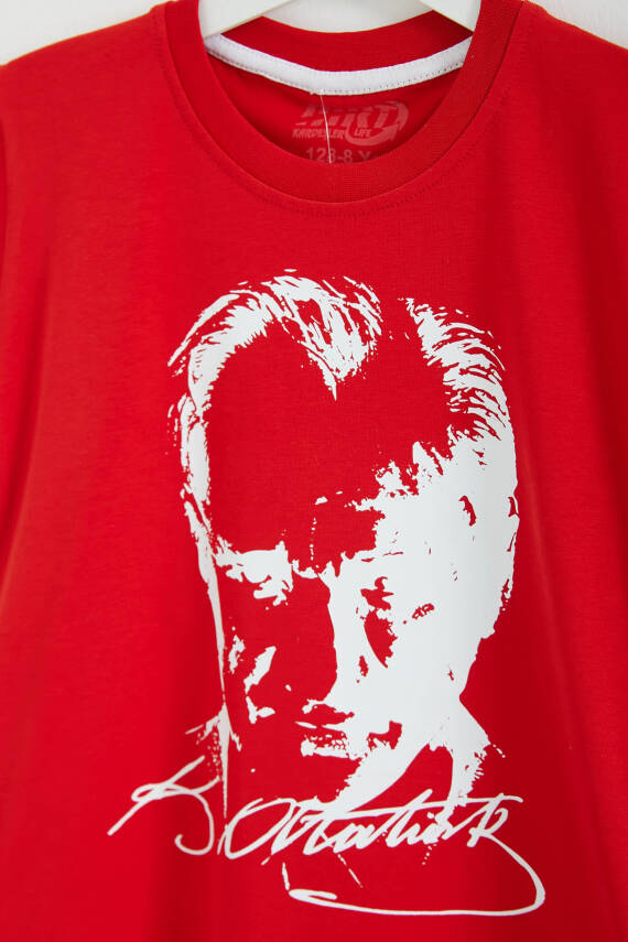 Erkek Çocuk Kirmizi Bisiklet Yaka Atatürk Baskılı Kısa Kollu Unisex T-Shirt - 26847 - 2