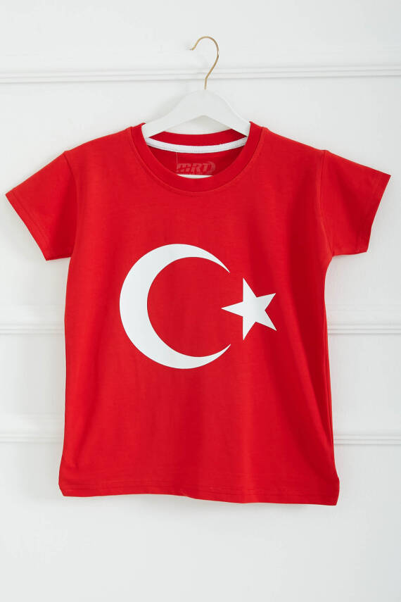Erkek Çocuk Kirmizi Unisex Bisiklet Yaka Ay Yıldız Baskılı Kısa Kollu T-Shirt - 26846 - 1