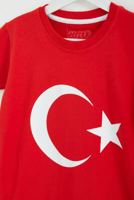Erkek Çocuk Kirmizi Unisex Bisiklet Yaka Ay Yıldız Baskılı Kısa Kollu T-Shirt - 26846 - 2