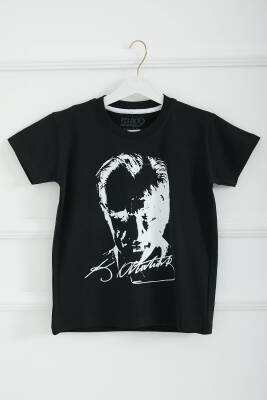 Erkek Çocuk Siyah Bisiklet Yaka Atatürk Baskılı Kısa Kollu Unisex T-Shirt - 26847 