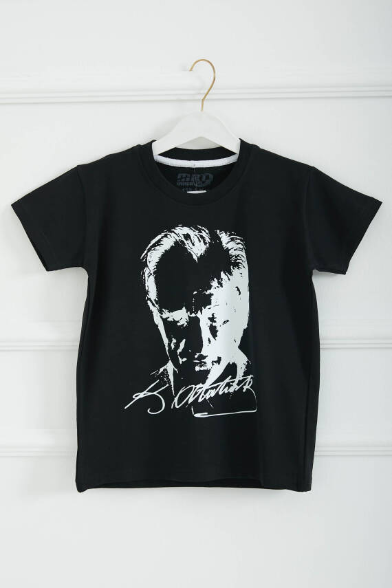 Erkek Çocuk Siyah Bisiklet Yaka Atatürk Baskılı Kısa Kollu Unisex T-Shirt - 26847 - 1