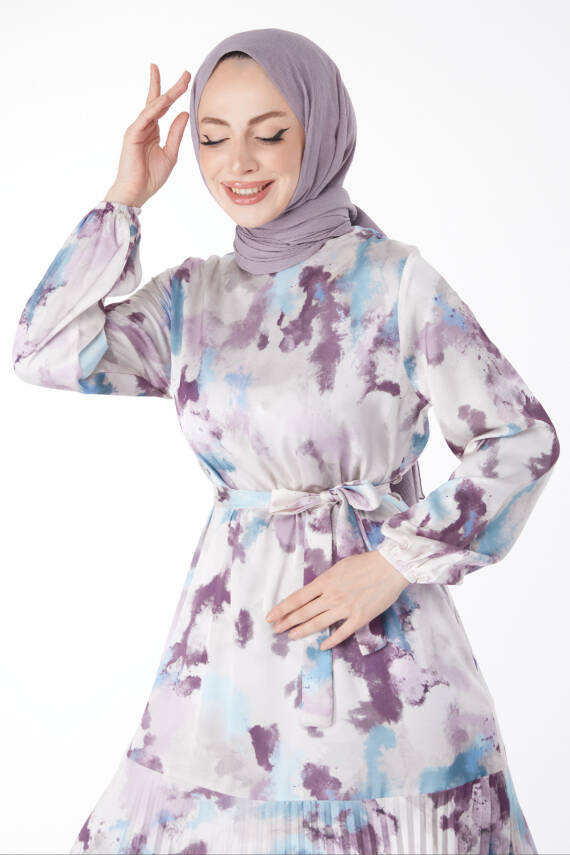 Eteği Pilise Detaylı Desenli Abiye Elbise Lila - 24882 - 3