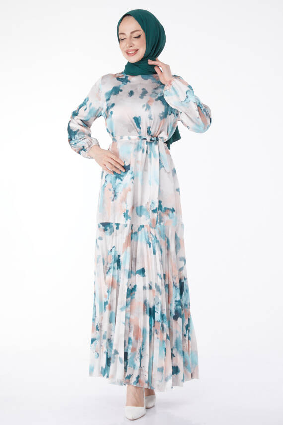 Eteği Pilise Detaylı Desenli Abiye Elbise Mint - 24882 - 2
