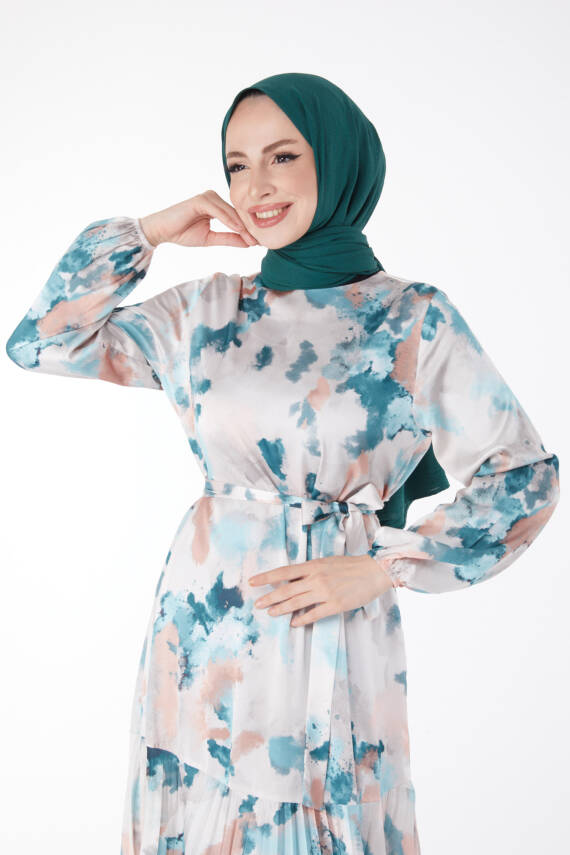 Eteği Pilise Detaylı Desenli Abiye Elbise Mint - 24882 - 3