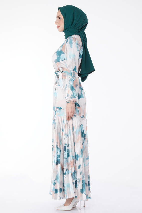 Eteği Pilise Detaylı Desenli Abiye Elbise Mint - 24882 - 4