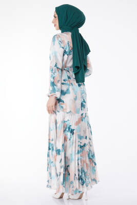 Eteği Pilise Detaylı Desenli Abiye Elbise Mint - 24882 - 5