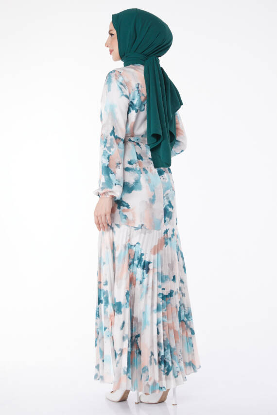 Eteği Pilise Detaylı Desenli Abiye Elbise Mint - 24882 - 5