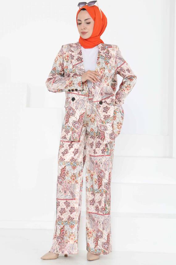 Etnik Desen Ceket Pantolon Takım Bej - 27251 - 2
