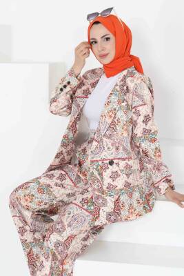Etnik Desen Ceket Pantolon Takım Bej - 27251 - 3
