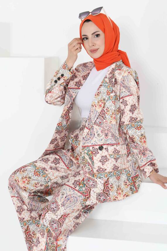 Etnik Desen Ceket Pantolon Takım Bej - 27251 - 3