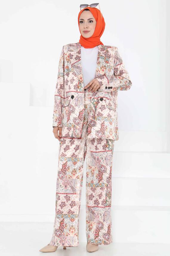 Etnik Desen Ceket Pantolon Takım Bej - 27251 - 5