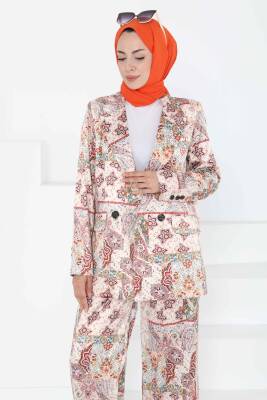 Etnik Desen Ceket Pantolon Takım Bej - 27251 - 6