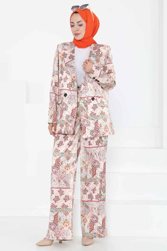 Etnik Desen Ceket Pantolon Takım Bej - 27251 - 7