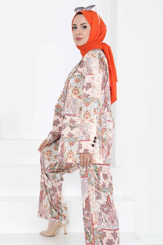 Etnik Desen Ceket Pantolon Takım Bej - 27251 - 8
