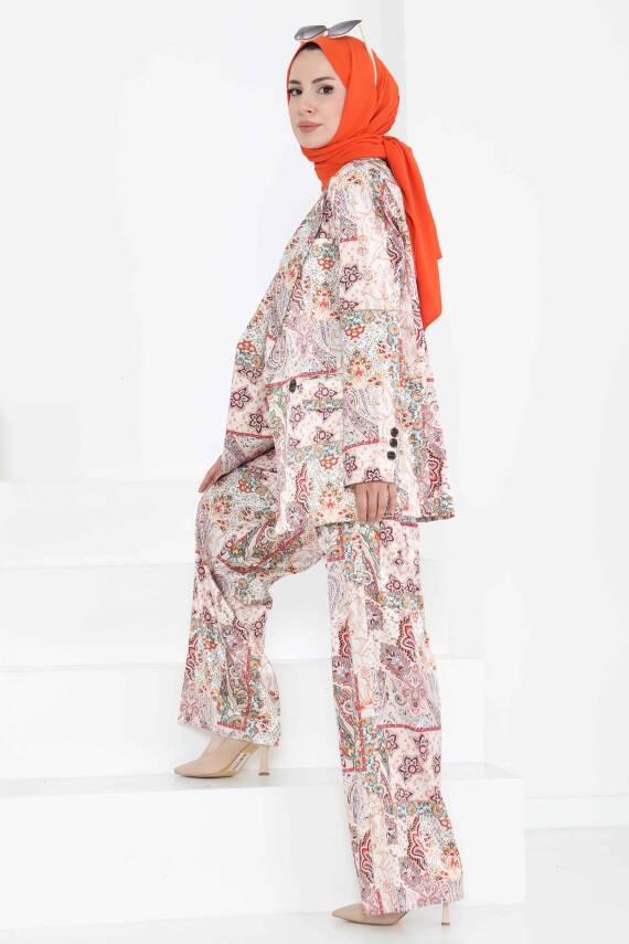 Etnik Desen Ceket Pantolon Takım Bej - 27251 - 9