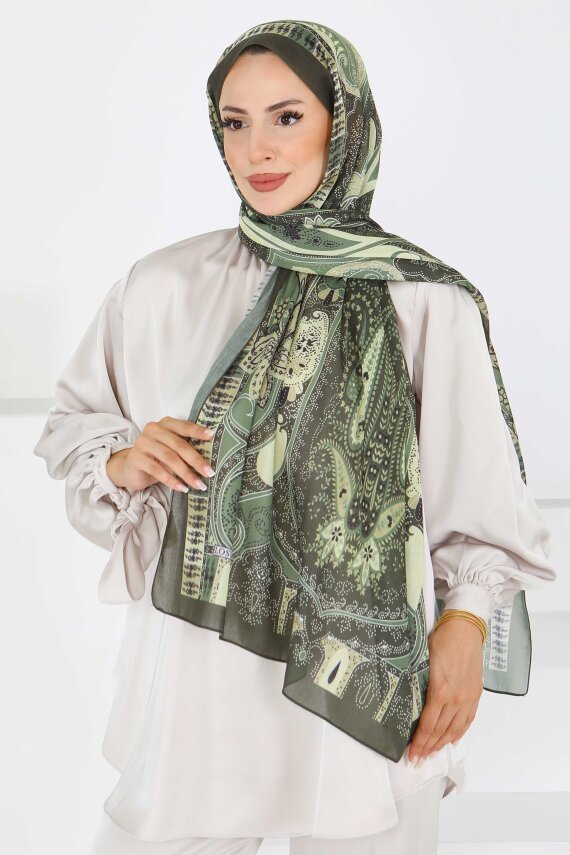 Etnik Pamuk Vual Desen Şal Haki - 27597 - 3