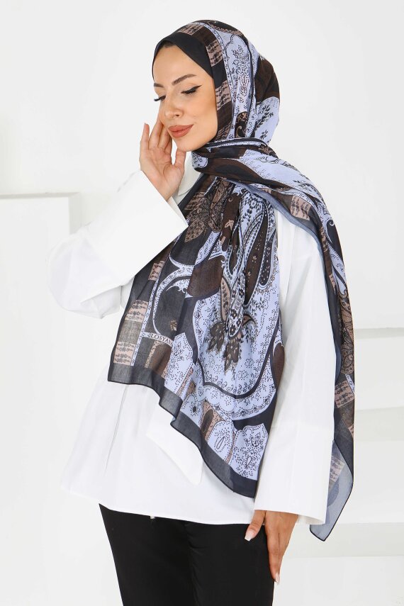 Etnik Pamuk Vual Desen Şal Indigo - 27597 - 2