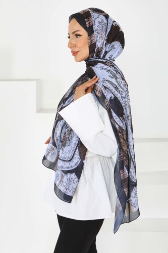 Etnik Pamuk Vual Desen Şal Indigo - 27597 - 3