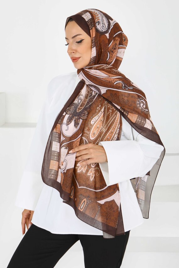 Etnik Pamuk Vual Desen Şal Kahve - 27597 - 2
