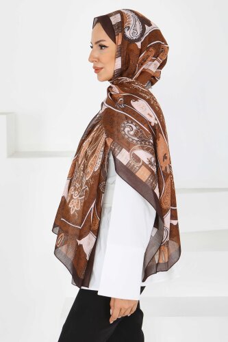 Etnik Pamuk Vual Desen Şal Kahve - 27597 - 3