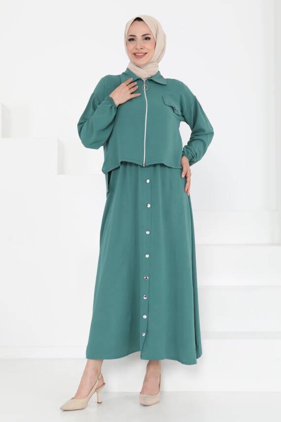 Fermuar Detay Elbise Takım Yesil - 27178 - 1