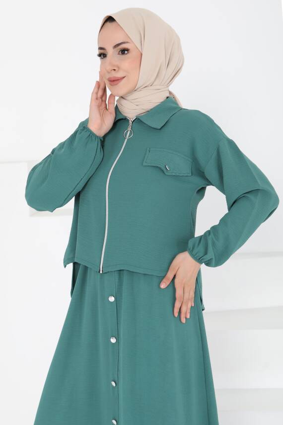 Fermuar Detay Elbise Takım Yesil - 27178 - 4
