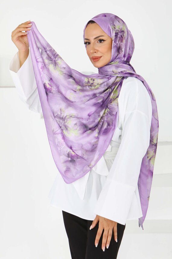 Flower Serisi Lotus Desenli Şal Lila - 27596 - 1